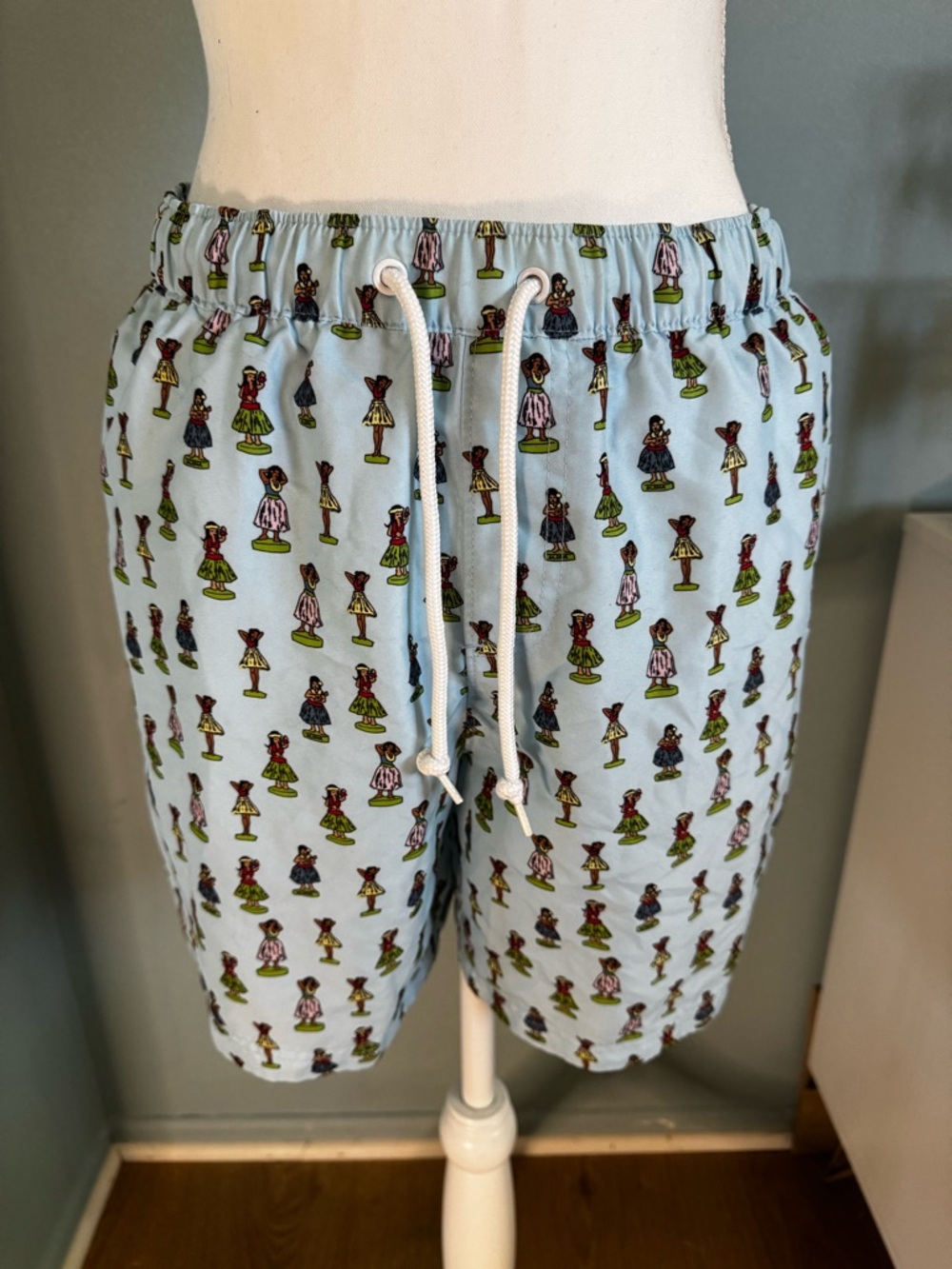 RARE Original Penguin Light Blue Hulu Girl Hawaiian Swim Trunks Shorts LARGE EUC